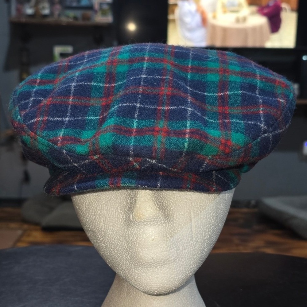 Pendleton Wool Flat Cap Plaid Newsboy Ivy Hat Blue Green Red Medium Made in USA